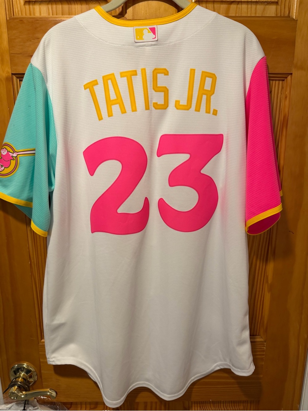 Nike White Baseball Jersey Tatis Jr. with Pink & Teal Accents
